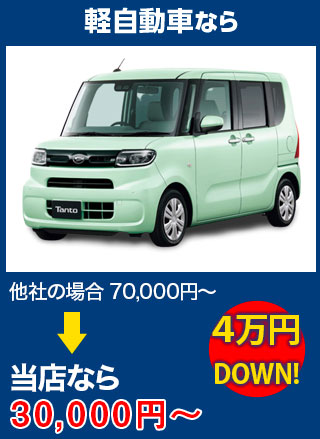 軽自動車なら、他社の場合70,000円～のところを会田自動車ガラスなら30,000円～　5万円DOWN！